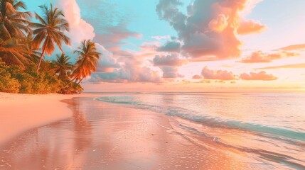 Wall Mural - A serene tropical beach at sunrise with soft pink and orange hues reflecting on the calm ocean, bordered by lush palm trees.