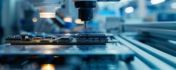 Poster - Robotic arm assembling electronic components in a high-tech manufacturing environment