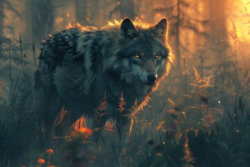 Wall Mural - Wolf in the Twilight Forest