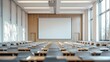 © tashechka - An empty modern conference room with rows of chairs and a large projection screen, ready for presentations, meetings, or lectures.