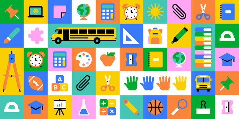 Leinwandbilder - Colorful back to school geometric mosaic seamless pattern. Modern flat education cartoon icon background, fun study concept wallpaper print. Children stationery texture, art supplies symbol design.