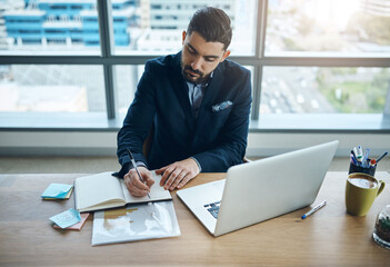 Poster - Computer, notebook and business man in office for financial analysis, company review and data analytics. Corporate, consultant and person writing notes on laptop for research, website and report