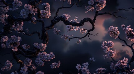 Wall Mural - An arrangement of delicate cherry blossoms with dark, twisting branches set against a deep twilight sky, blending the softness of the petals with the moodiness of the backdrop.