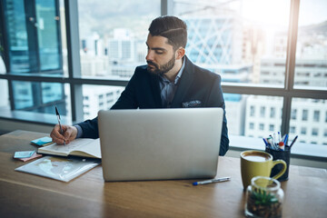 Aufkleber - Laptop, notebook and businessman in office for planning, company review and financial analytics. Corporate, finance consultant and person writing notes with computer for research, website and report