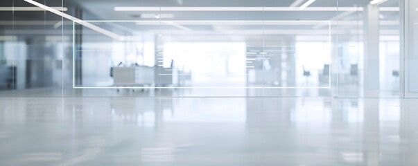 Poster - A holographic display projecting a business closure notice due to bankruptcy hovers over an empty, modern office space. The image captures the essence of economic uncertainty in the future, with