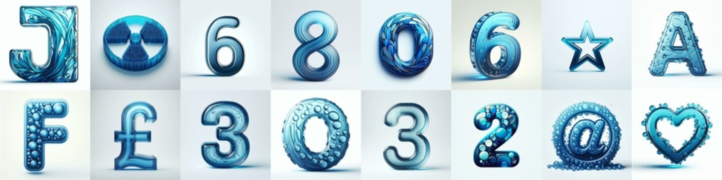 Blue transparent glass 3D Lettering Typeface. AI generated illustration