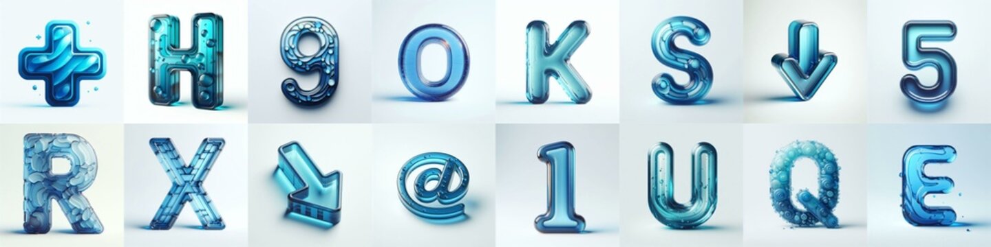 Blue transparent glass 3D Lettering Typeface. AI generated illustration