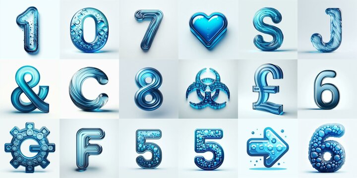 Blue transparent glass 3D Lettering Typeface. AI generated illustration