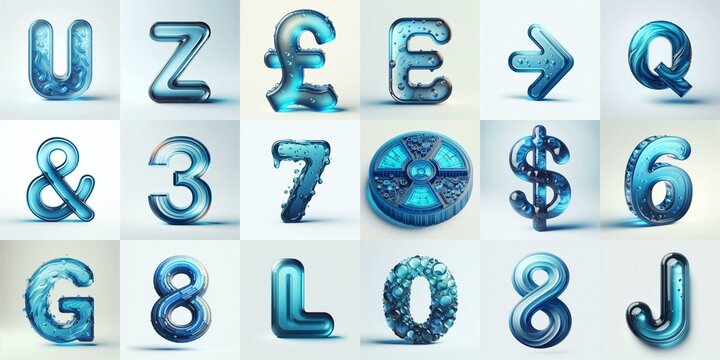 Blue transparent glass 3D Lettering Typeface. AI generated illustration