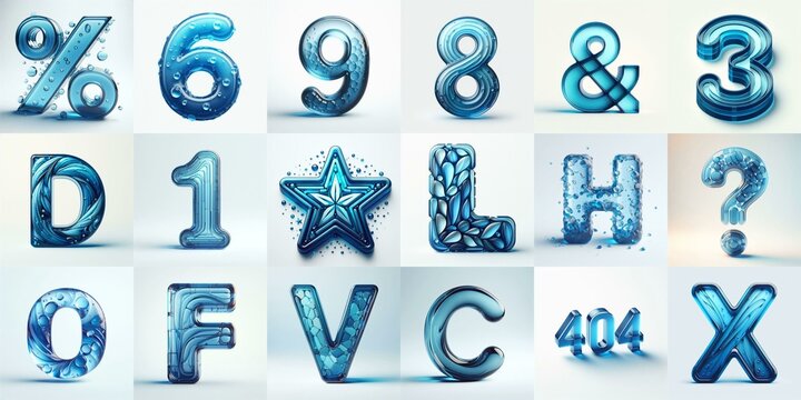 Blue transparent glass 3D Lettering Typeface. AI generated illustration