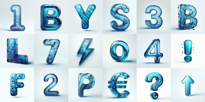 Blue transparent glass 3D Lettering Typeface. AI generated illustration