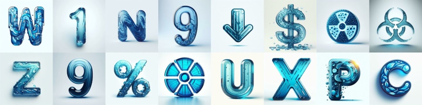 Blue transparent glass 3D Lettering Typeface. AI generated illustration