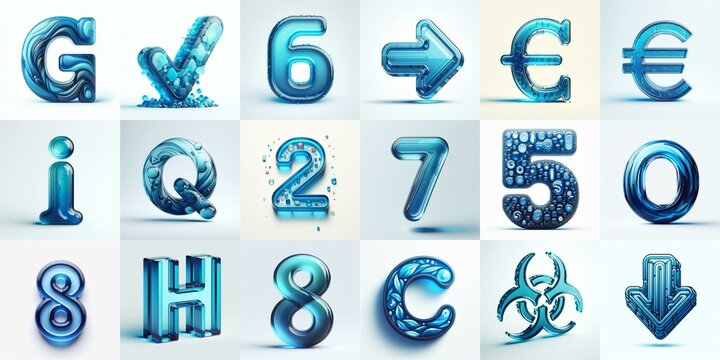 Blue transparent glass 3D Lettering Typeface. AI generated illustration