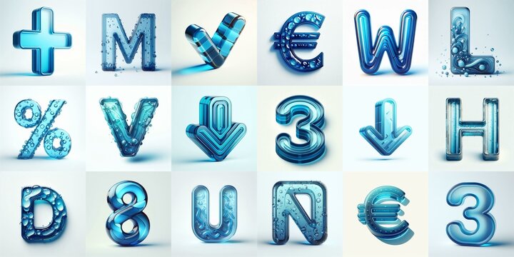 Blue transparent glass 3D Lettering Typeface. AI generated illustration