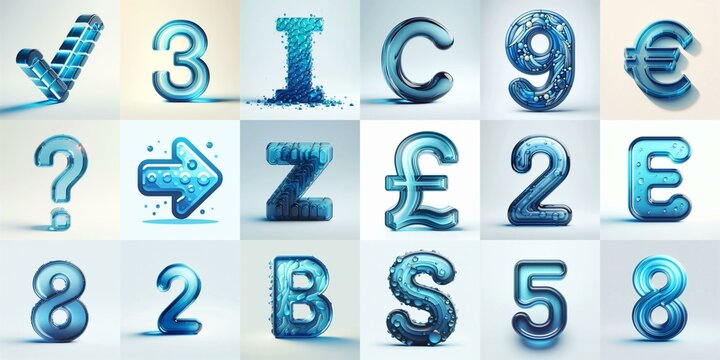 Blue transparent glass 3D Lettering Typeface. AI generated illustration
