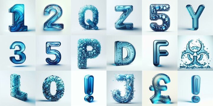 Blue transparent glass 3D Lettering Typeface. AI generated illustration