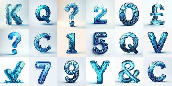 Blue transparent glass 3D Lettering Typeface. AI generated illustration