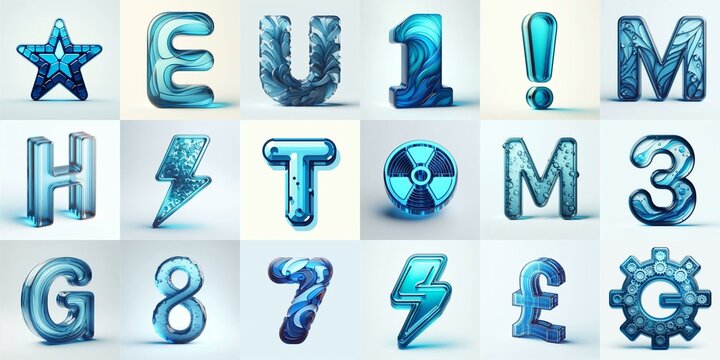 Blue transparent glass 3D Lettering Typeface. AI generated illustration