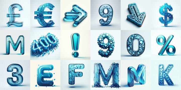 Blue transparent glass 3D Lettering Typeface. AI generated illustration
