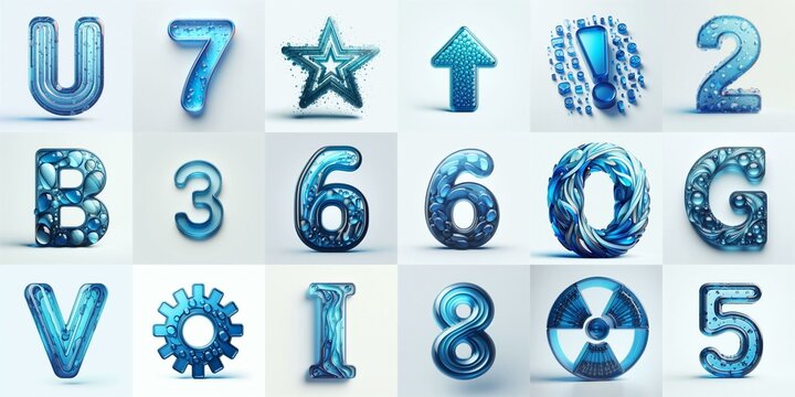 Blue transparent glass 3D Lettering Typeface. AI generated illustration