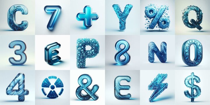 Blue transparent glass 3D Lettering Typeface. AI generated illustration