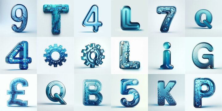 Blue transparent glass 3D Lettering Typeface. AI generated illustration