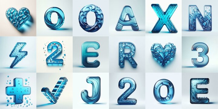 Blue transparent glass 3D Lettering Typeface. AI generated illustration