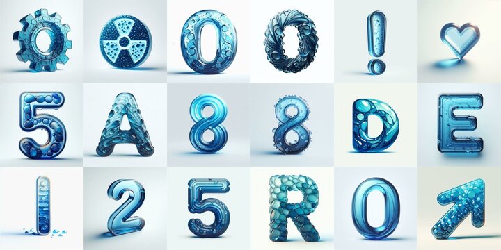 Blue transparent glass 3D Lettering Typeface. AI generated illustration