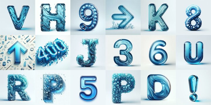 Blue transparent glass 3D Lettering Typeface. AI generated illustration