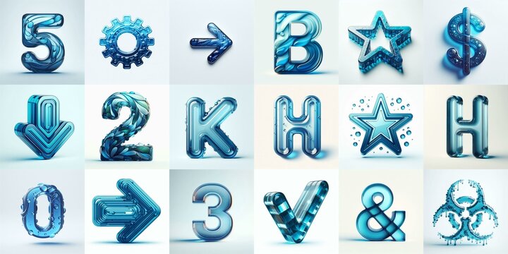 Blue transparent glass 3D Lettering Typeface. AI generated illustration