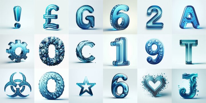 Blue transparent glass 3D Lettering Typeface. AI generated illustration