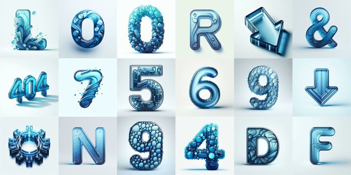 Blue transparent glass 3D Lettering Typeface. AI generated illustration