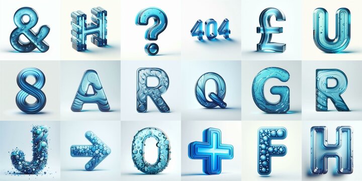Blue transparent glass 3D Lettering Typeface. AI generated illustration