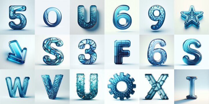 Blue transparent glass 3D Lettering Typeface. AI generated illustration