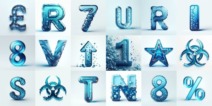 Blue transparent glass 3D Lettering Typeface. AI generated illustration