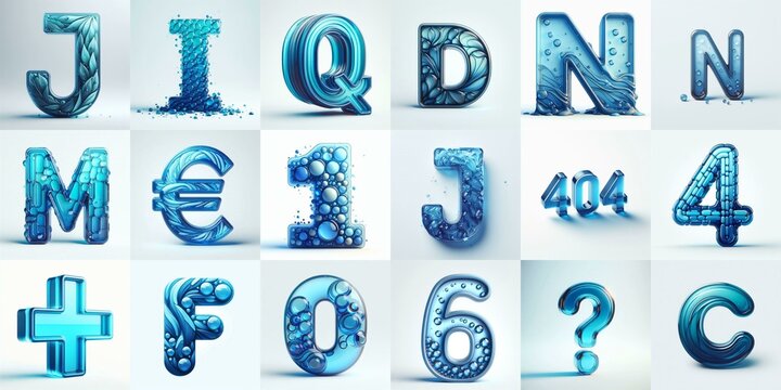 Blue transparent glass 3D Lettering Typeface. AI generated illustration
