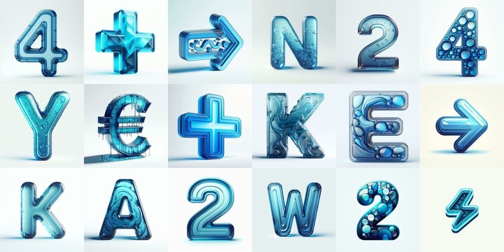 Blue transparent glass 3D Lettering Typeface. AI generated illustration