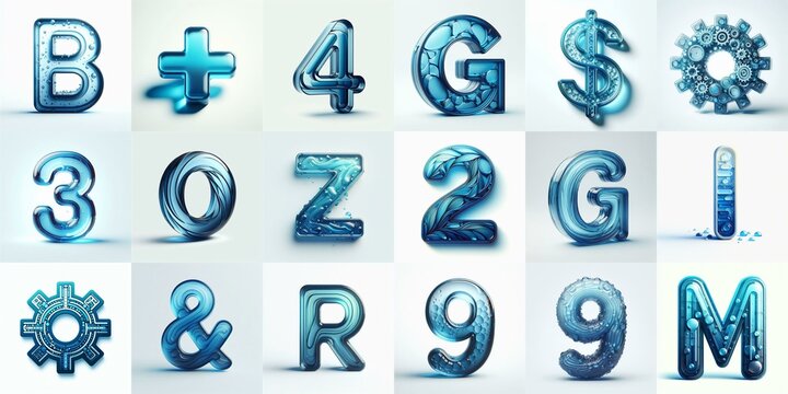 Blue transparent glass 3D Lettering Typeface. AI generated illustration