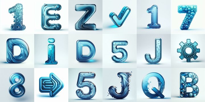 Blue transparent glass 3D Lettering Typeface. AI generated illustration