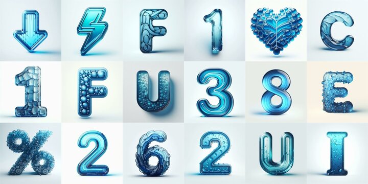 Blue transparent glass 3D Lettering Typeface. AI generated illustration