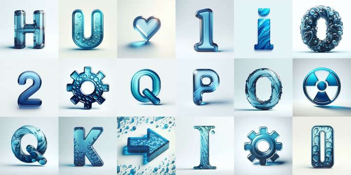 Blue transparent glass 3D Lettering Typeface. AI generated illustration