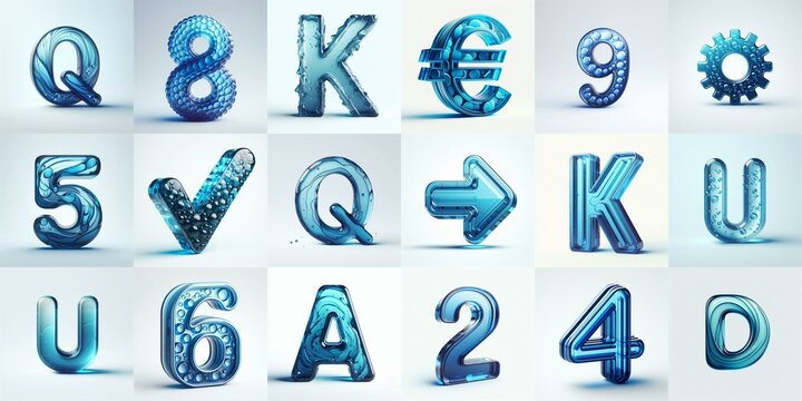 Blue transparent glass 3D Lettering Typeface. AI generated illustration