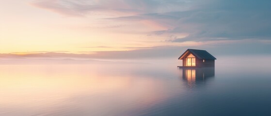 Wall Mural - Tranquil lakeside house with soft morning light, surrounded by water and mist, featuring a serene and peaceful atmosphere during sunrise.