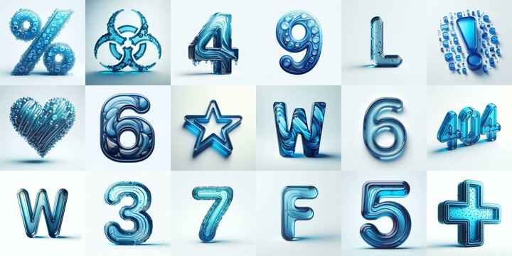 Blue transparent glass 3D Lettering Typeface. AI generated illustration