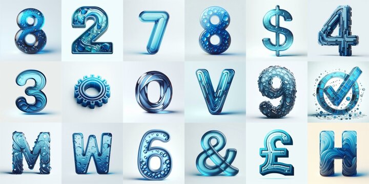 Blue transparent glass 3D Lettering Typeface. AI generated illustration