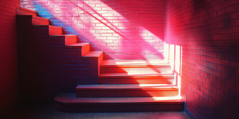 Poster - Illuminated Urban Staircase in Vivid Red and Pink Light with Shadow Patterns