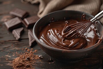 Wall Mural - World Chocolate Day. Melted homemade chocolate cream in bowl with whisk on dark wooden background, selective focus. Greeting card or banner concept. Generative ai
