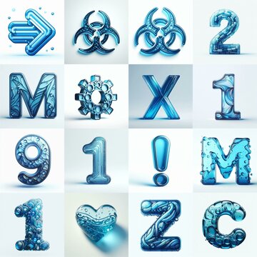 Blue transparent glass 3D Lettering Typeface. AI generated illustration