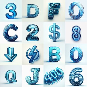 Blue transparent glass 3D Lettering Typeface. AI generated illustration