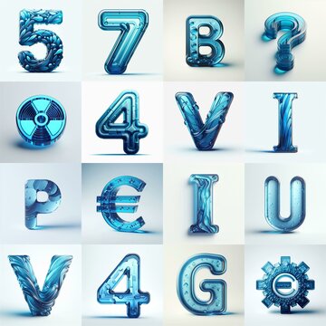 Blue transparent glass 3D Lettering Typeface. AI generated illustration